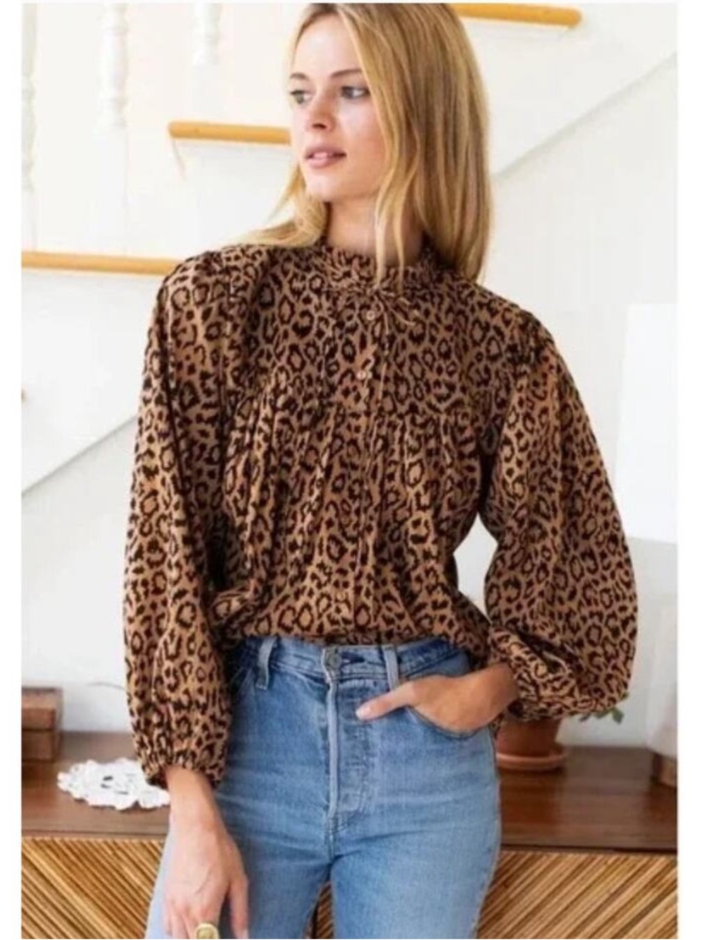 Emerson Fry India Collection Emmaline Animal Print Blouse in Brown Size L
